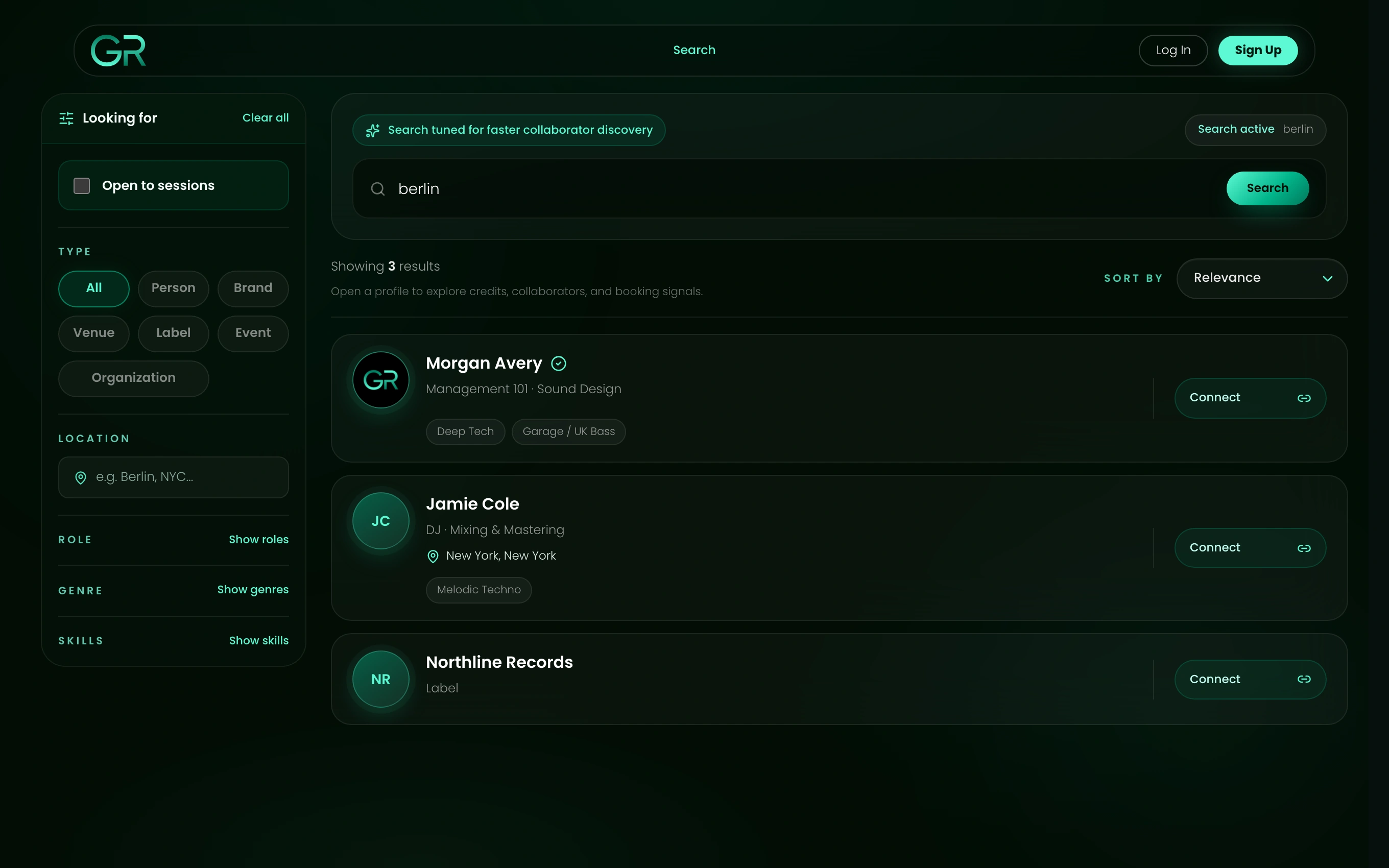 GreenRoom Search with filters and collaborator discovery results