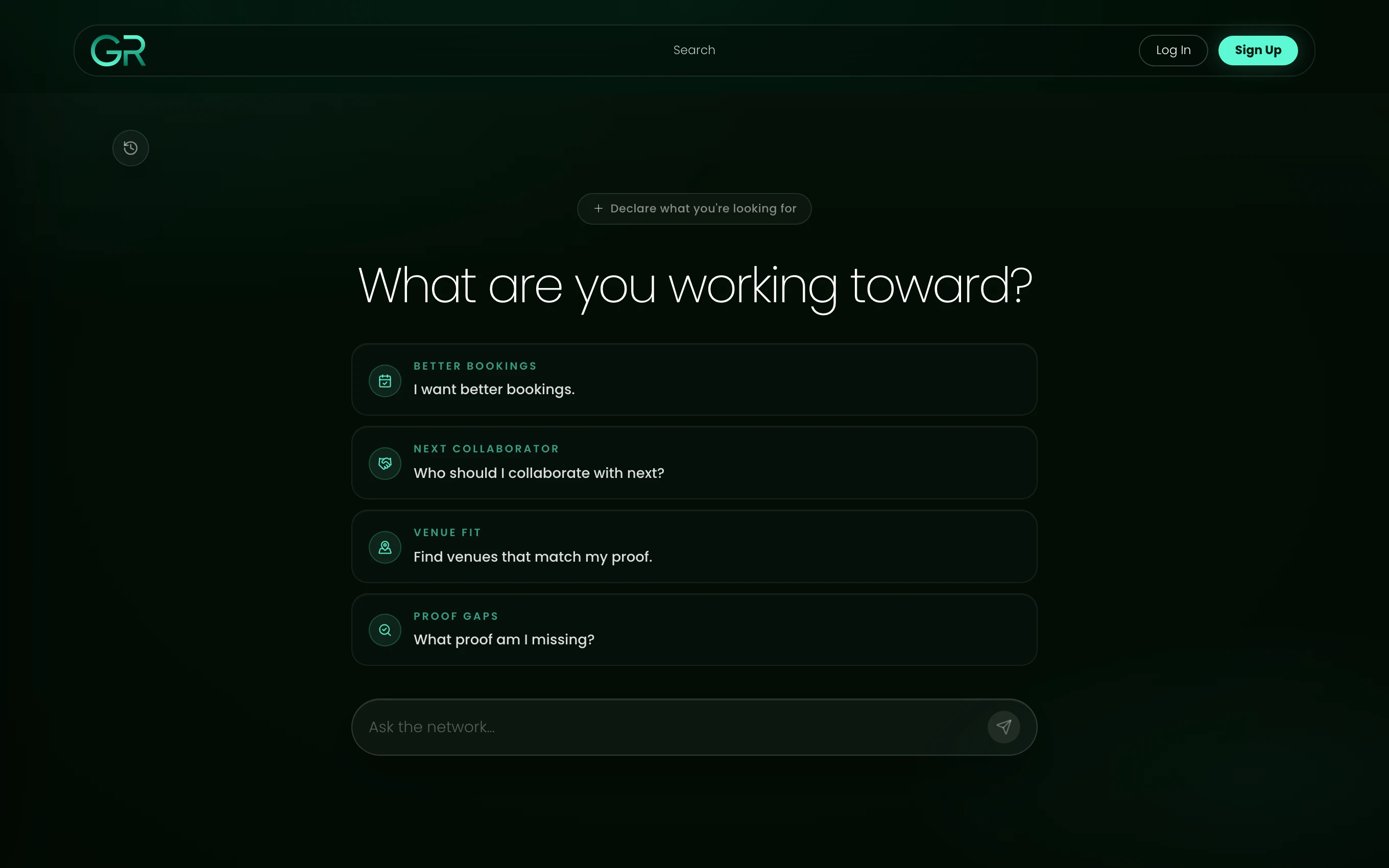 GreenRoom chat landing with suggested prompts and Ask the network input