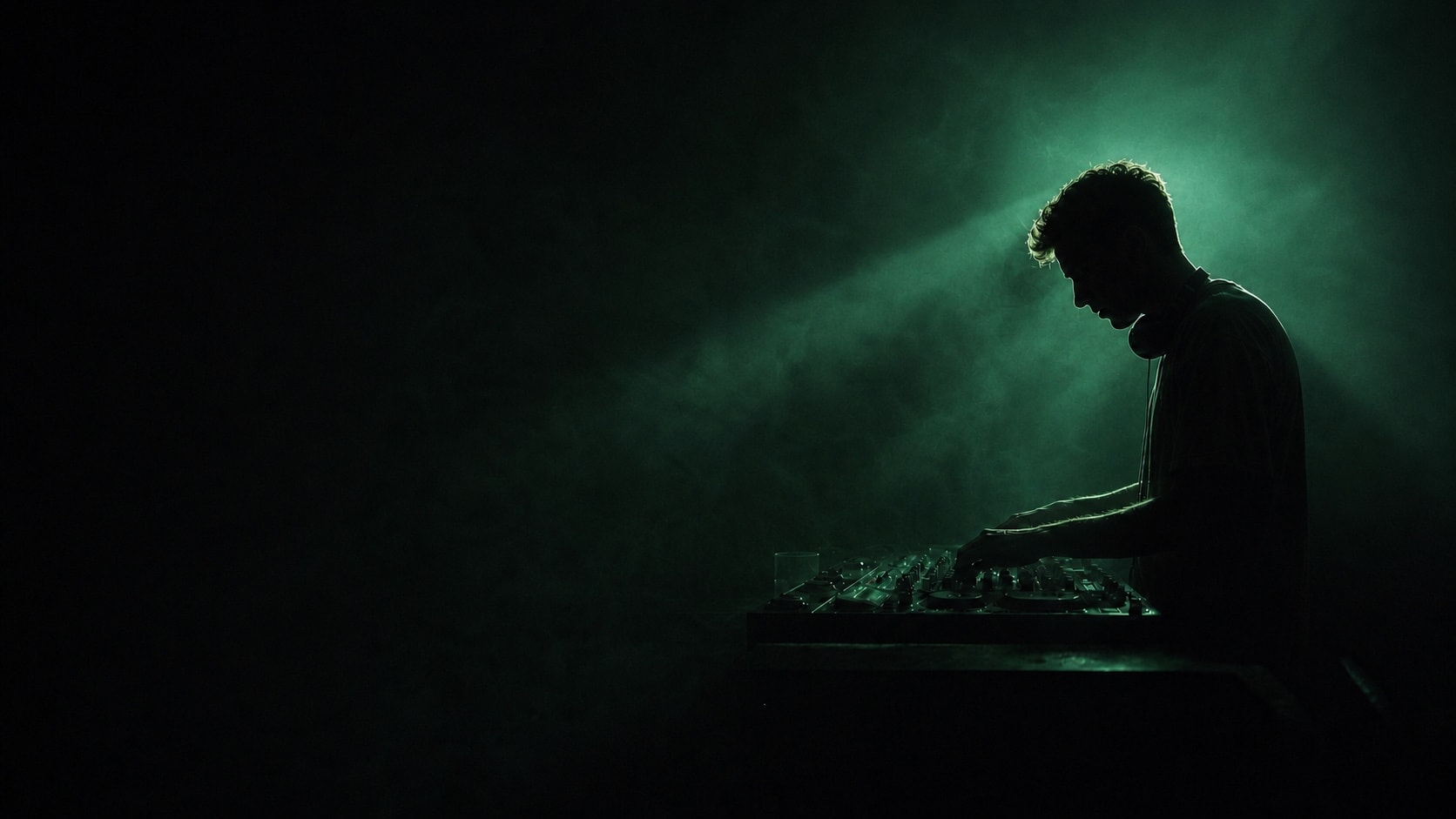A male DJ silhouetted against smoky emerald light