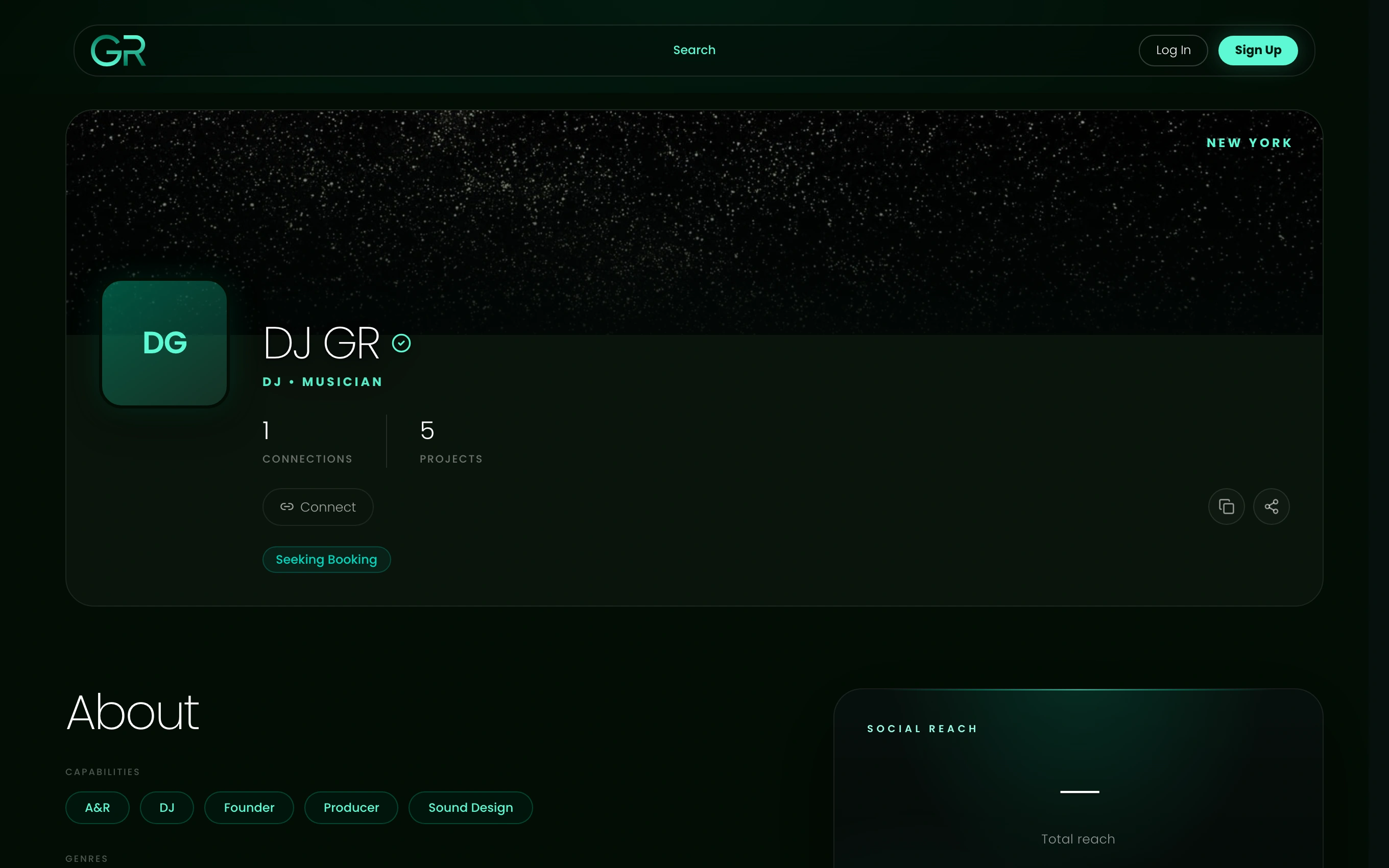 GreenRoom profile with cinematic hero, featured works, and credits